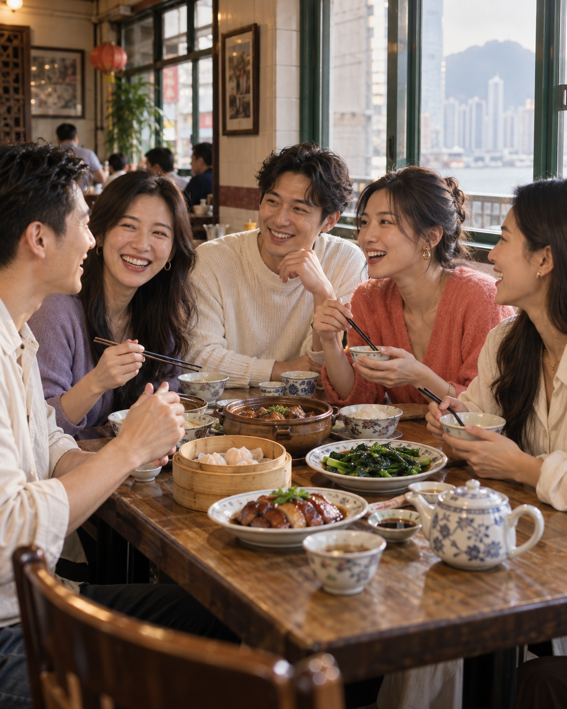 Illustrative scene of friends sharing dinner and conversation in a Hong Kong restaurant