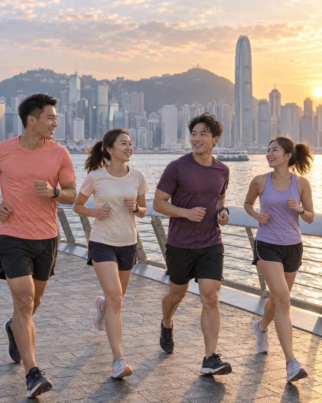 Illustrative scene of friends on an easy run along Victoria Harbour