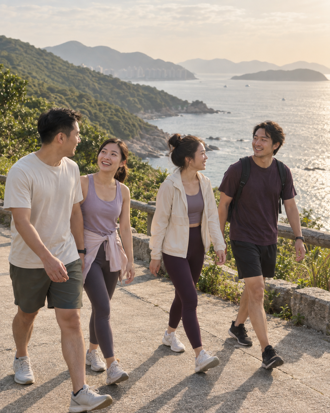 Illustrative scene of friends walking a coastal Hong Kong trail